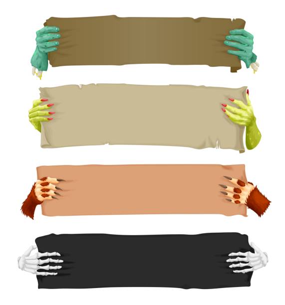 Cartoon scary monster hands with banners scrolls Cartoon scary hands with banners and scrolls, vampire, werewolf, skeleton and Halloween zombie, vector. Creepy monsters and dead arms with horror signs or party posters, blood on nail claws of ogres happy halloween banner stock illustrations