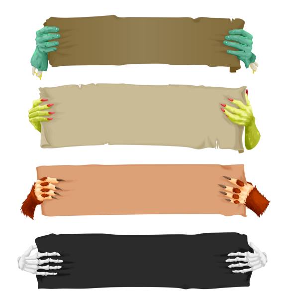 Cartoon scary monster hands with banners scrolls Cartoon scary hands with banners and scrolls, vampire, werewolf, skeleton and Halloween zombie, vector. Creepy monsters and dead arms with horror signs or party posters, blood on nail claws of ogres blood wallpaper stock illustrations