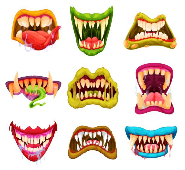 Cartoon monster, werewolf, vampire jaws, Halloween Cartoon monster werewolf and vampire jaws with sharp fangs and tongues, vector Halloween masks. Monster moth of scary evil smile faces of beast, zombie or alien horror creature and devil jaw teeth scary clown mouth stock illustrations