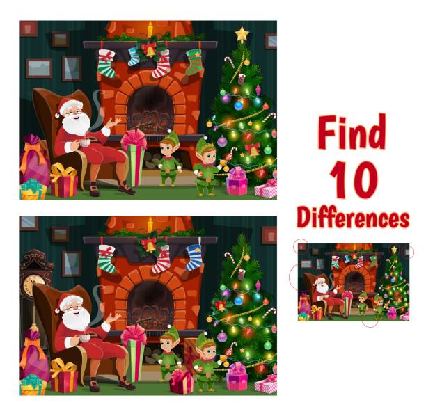 ilustraciones, imágenes clip art, dibujos animados e iconos de stock de los niños encuentran diez diferencias jugando con papá noel y los elfos - holiday paper spotted close up
