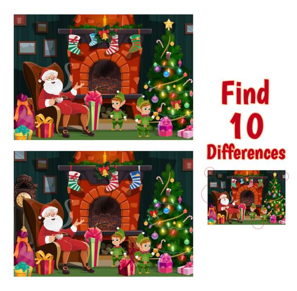 illustrazioni stock, clip art, cartoni animati e icone di tendenza di i bambini trovano dieci differenze gioco con babbo natale ed elfi - holiday paper spotted close up