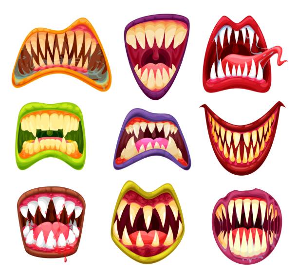 Monster mouth with teeth, cartoon jaws and tongues Monster mouths and jaws, cartoon teeth and tongues, vector scary Halloween faces. Monster funny and horror smile masks with vampire teeth and beast jaws, devil or joker and scary clown grim smile bad teeth stock illustrations