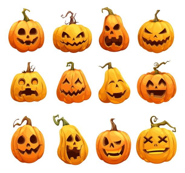 Cartoon Halloween pumpkins, scary Jack o lantern Cartoon Halloween pumpkins, Jack o lantern isolated scary characters. Halloween pumpkin lanterns, cute happy with scary smile on face, horror holiday and spooky night pumpkins with creepy carvings halloween lantern stock illustrations