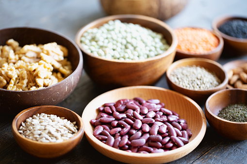 Vegan Food: plant based proteins like nuts, seeds and  legumes
