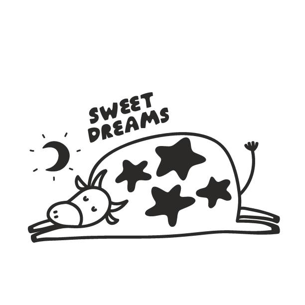 Funny poster with sleeping cow under the moon. Funny poster with sleeping cow under the moon. Vector black and white illustration in doodle style for print in children book, wall art, t-shirt drawing. sleeping cow stock illustrations