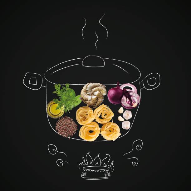 Healthy Tasty Recipe Nutrition. Creative sketchy collage of food being prepared on drawn pot and stove on black chalkboard. Cooking pasta with seafood shrimps, slices of onion, garlic, oil and herbs