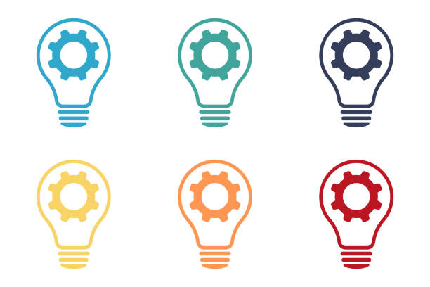 lampa i koło zębate - innowacyjna lampa i sprzęt. zestaw ikon. - teamwork occupation creativity taking off stock illustrations