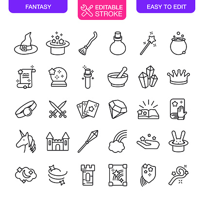 Fantasy Icons Set Editable Stroke. Vector illustration.

You can find more unique icon sets at the link:

https://www.istockphoto.com/collaboration/boards/qUfvBxVnEU64XaERvnM_Fw