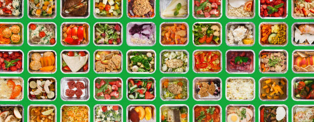 istock Diverse Prepared Meals In Foil Containers Flat Lay Over Green Background 1345293159