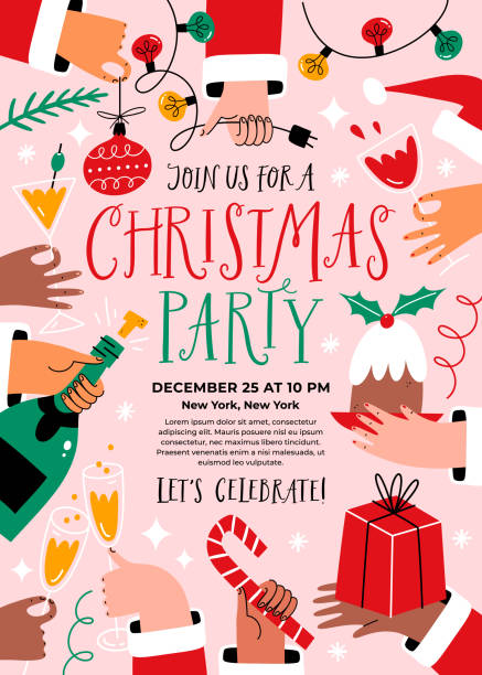 merry christmas party poster mit händen, die weihnachtsessen, -trinken und -dekorationen halten. - party stock-grafiken, -clipart, -cartoons und -symbole