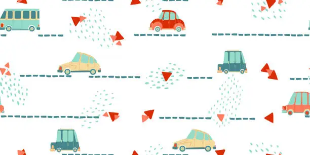 Vector illustration of Seamless pattern with cute hand drawn cars in Scandinavian style. Vector repeated background with automobiles in cartoons design for kids.