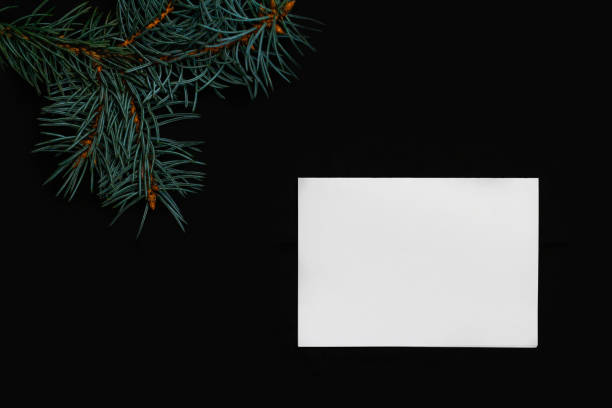 istock Defocus close-up blank white card with Christmas tree branch on black background. Frame mockup, mock up with empty sheet of paper. Xmas holiday concept. Out of focus 1345296691