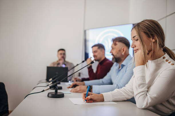istock Press conference in media center 1345296810