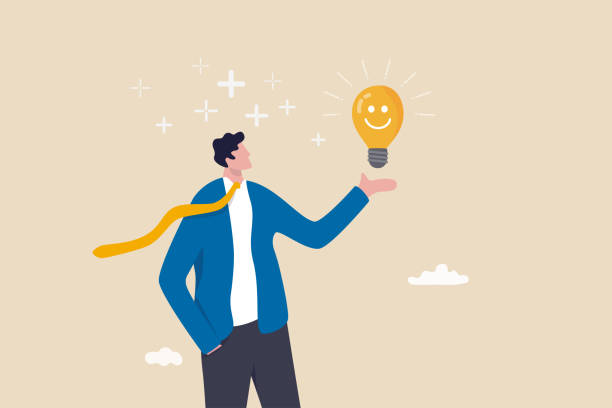 Positive thinking, optimistic mindset or good attitude to success in work, always get idea to solve any problems concept, happy businessman holding smiling lightbulb idea with positive vibes around. Positive thinking, optimistic mindset or good attitude to success in work, always get idea to solve any problems concept, happy businessman holding smiling lightbulb idea with positive vibes around. self improvement stock illustrations