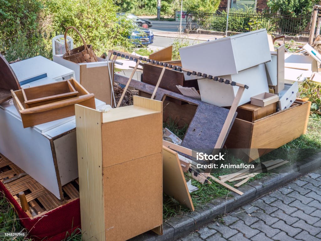 large collection of bulky waste in the city Garbage Stock Photo