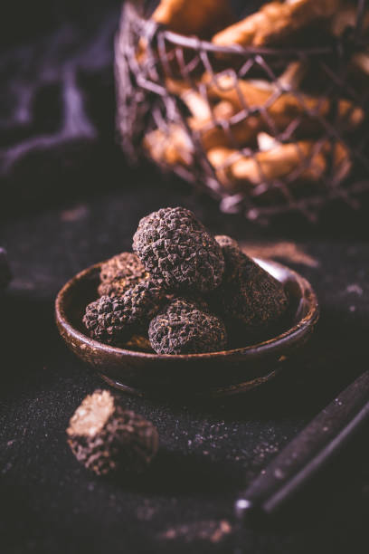 istock Black truffle in bowl on dark background, cooking delicacy 1345297152