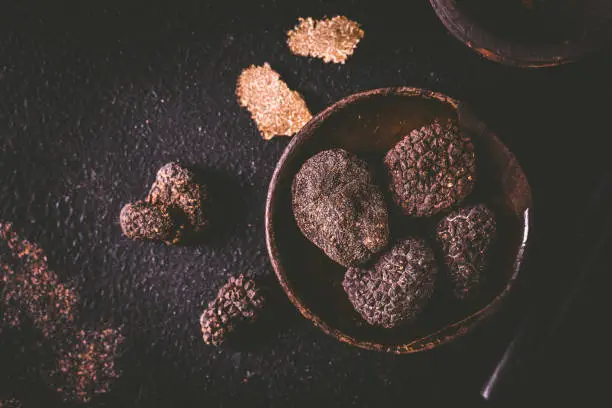Black truffle in bowl on dark background, cooking delicacy