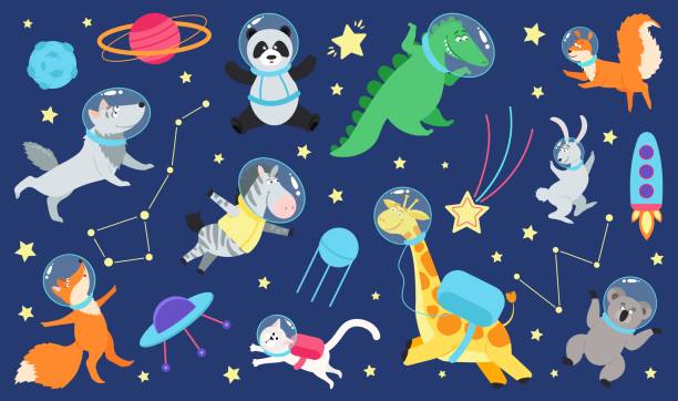 Cartoon space animals. Cute astronaut animal in costume, universe travel on spaceship. Kids stickers, children dream cosmos adventures decent vector set Cartoon space animals. Cute astronaut animal in costume, universe travel on spaceship. Kids stickers, children dream cosmos adventures vector set. Illustration of panda and crocodile, wolf and giraffe cosmonaut stock illustrations