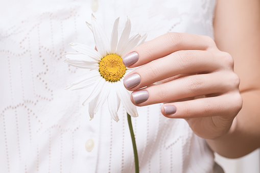 Female hand with glitter pearl nail design. Female in white dress hold yellow chamomile flower. Glitter pearl perfect hand manicure.