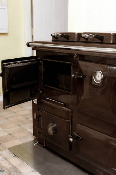 Old style oil burning stove in retro kitchen interior