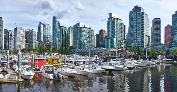 horizonte de vancouver em dia ensolarado. - vancouver harbor vancouver harbor marina - fotografias e filmes do acervo