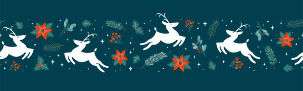 istock Cute hand drawn christmas seamless pattern with white reindeer and decoration, branches, flowers, berries, great for banners, wallpapers, wrapping, textiles - vector design 1345301578
