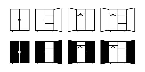 ilustrações, clipart, desenhos animados e ícones de ícone do guarda-roupa, aberto e fechado. símbolo do armário. - cabinet