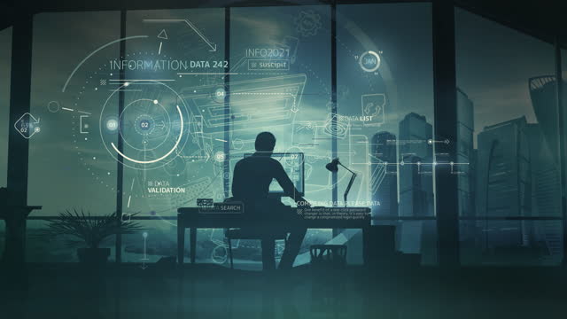 Silhouette of a man working in the office and infographics, 3D render.