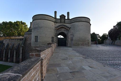 Nottingham, England - June 24, 2021: The gatehouse of Nottingham castle. The castle is built on a high piece of ground called castle rock. The castle is a major Nottingham landmark and tourist attraction.