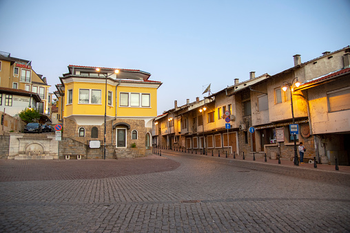 Bulgaria, Veliko Tarnovo, August 2021. Morning streets of an old cozy Bulgarian city. Architecture of Veliko Tarnovo.