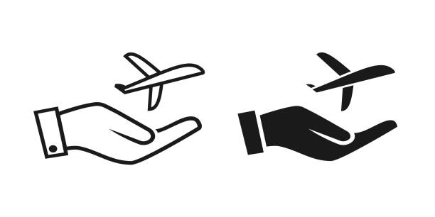 Hand holding plane icon. Travel insurance. Hand holding plane icon. Travel insurance. Illustration vector airplane silhouette commercial airplane shipping stock illustrations