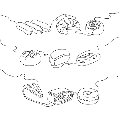Baked goods one line set art. Continuous line drawing of eclair, pie, cinnabon, donut, pretzel, bun. Hand drawn vector illustration, line tattoo.