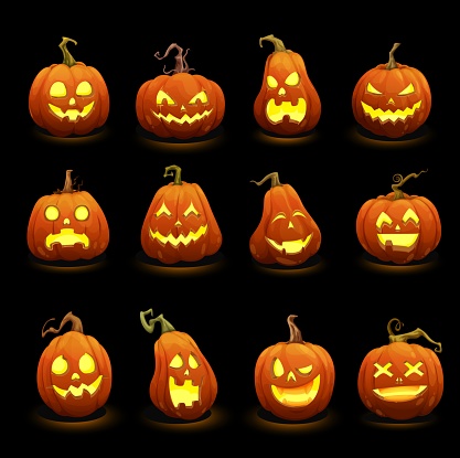Cartoon Halloween burning pumpkins. Jack o lanterns scary monster characters. Halloween pumpkins with carved spooky, angry screaming and creepy smiling with sharp teeth mouth faces glowing in darkness