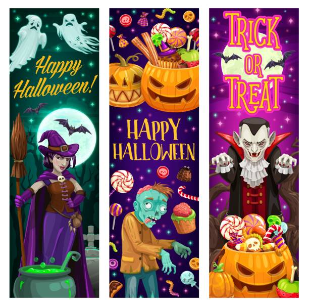 ilustrações de stock, clip art, desenhos animados e ícones de happy halloween banners with monsters and sweets - jack fruit