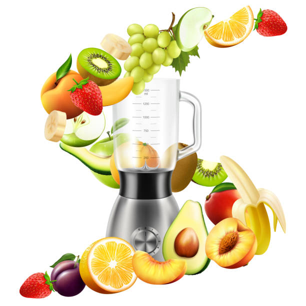 istock Realistic Juicer blender. Kitchen blender with set of fruits, bananas, oranges, kiwi, plum, peach, grapes, strawberry, apple, mango, pear, avocado, isolated vector illustration 1345309311