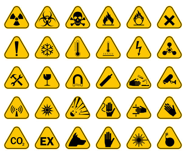 zestaw znaków ostrzegawczych. ostrzeżenie niebezpieczeństwo symbol, ilustracja wektorowa, izolowany zestaw ikon. - warning symbol danger warning sign electricity stock illustrations