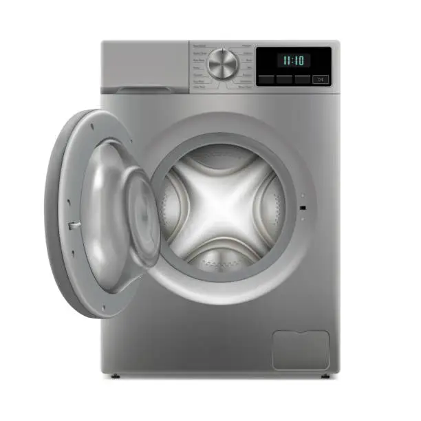 Vector illustration of Washing machine isolated on white background. Front view, close-up. 3d realistic washing machine. The door opened. Home electronic device, household appliances for washing clothes at home. Silver automatic washing machine.