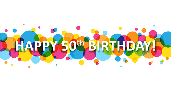 HAPPY 50th BIRTHDAY! vector banner with colorful overlapping circles on white background