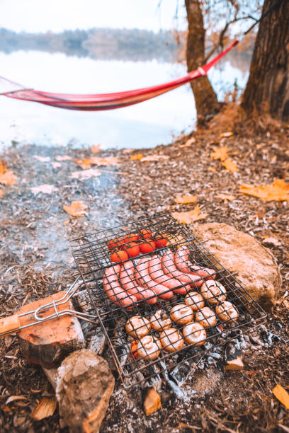 istock cooking food on bonfire. camping concept 1345310648