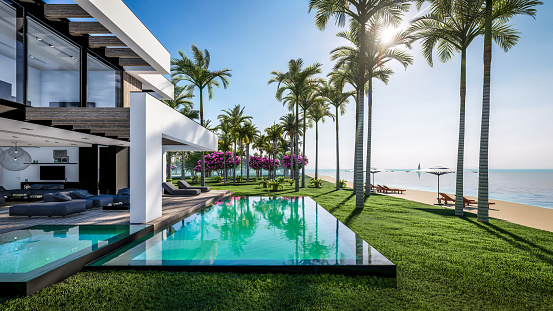 3d rendering of modern cozy house with pool and parking for sale or rent in luxurious style by the sea or ocean. Sunny day by the azure coast with palm trees and flowers in tropical island