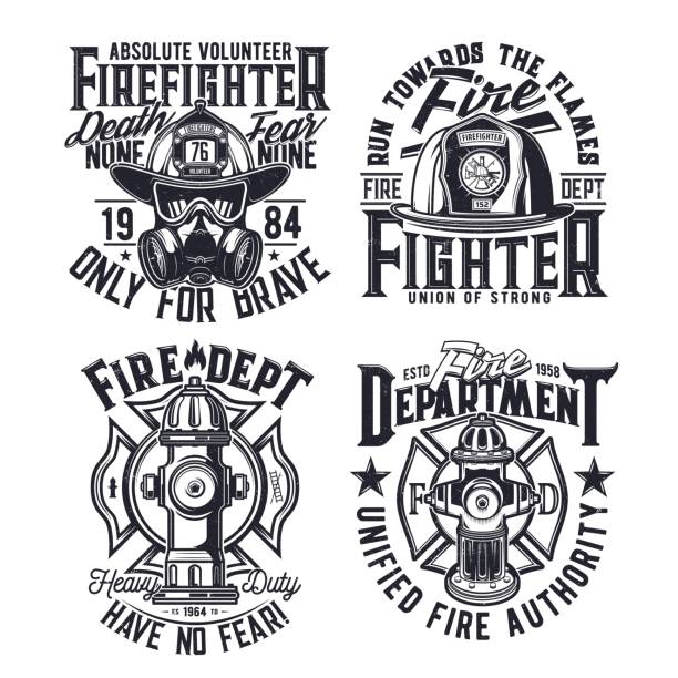 Tshirt print with firefighters vector equipment Tshirt print with firefighters equipment hydrant, gas mask, glasses and helmet vector emblems for apparel design. Fire department rescue team emergency service black and white t shirt print or labels fire alphabet letter t stock illustrations
