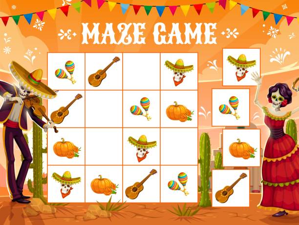 Sudoku game, Mexican Dia de los Muertos holiday Sudoku game with Dia de los Muertos holiday, Mexican fiesta, vector background. Sudoku puzzle game with Mexican Catrina and calavera, skull in sombrero with violin, mariachi and papel pecado flags sudoku variants stock illustrations