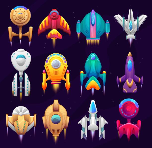Cartoon galaxy space starships, game asset set Cartoon galaxy space starships, game asset. Vector spacecraft rockets, space craft ships, fantasy vehicles with jet engine, portholes and wings for travel in outer space. Futuristic shuttles top view space invaders game stock illustrations