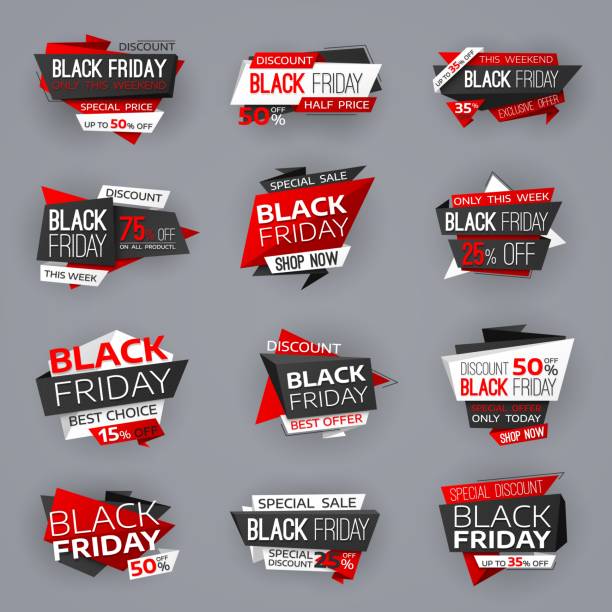 tagi banerów wyprzedażowych w czarny piątek, oferty sklepowe - black week stock illustrations