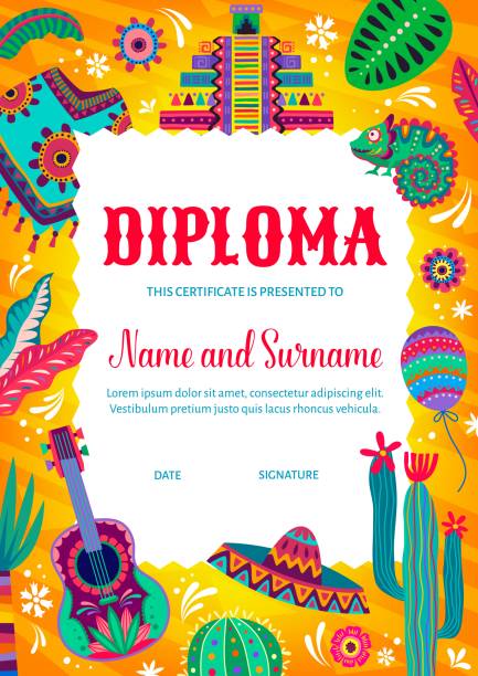 Kids diploma certificate mexican poncho, pyramids Kids diploma certificate mexican poncho and pyramids, chameleon and flowers, guitar and cactuses. Education school or kindergarten cartoon vector award frame with balloons, sombrero and leaves guitar borders stock illustrations