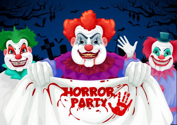 Halloween horror party with scary clowns, jokers Halloween horror party vector invitation with scary clown characters. Spooky clown or joker circus monsters and zombies with creepy faces, vampire teeth and bloody smiles, bats and cemetery crosses scary clown mouth stock illustrations