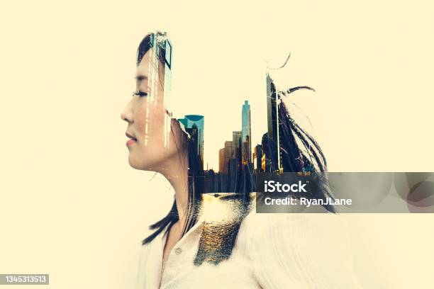 Woman City Reflections Digital Composite Stock Photo - Download Image Now - Multiple Exposure, Image Montage, Composite Image
