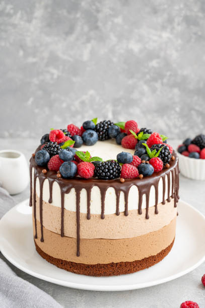 Three chocolate mousse cake with chocolate glaze, blueberries, raspberries and blackberries on top on a white plate on a gray concrete background. Cake with three layers of different taste. Copy space.