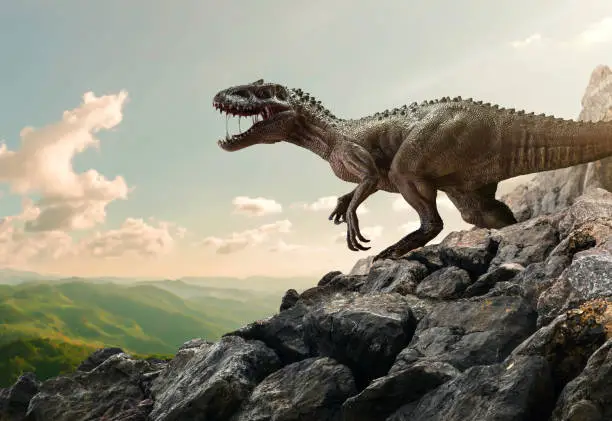Photo of Dinosaur Tyrannosaurus Rex On Top Of Mountain Rock