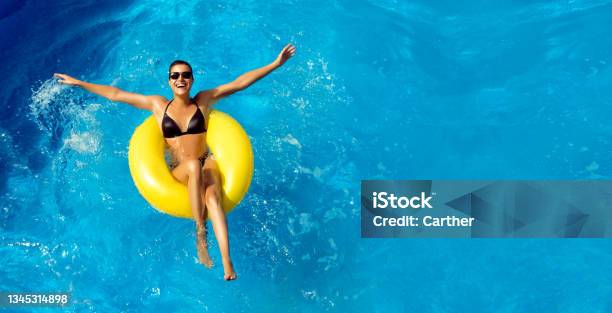 Happy Laughing Young Woman Enjoying The Water Park Stock Photo - Download Image Now - Swimming Pool, Summer, Women